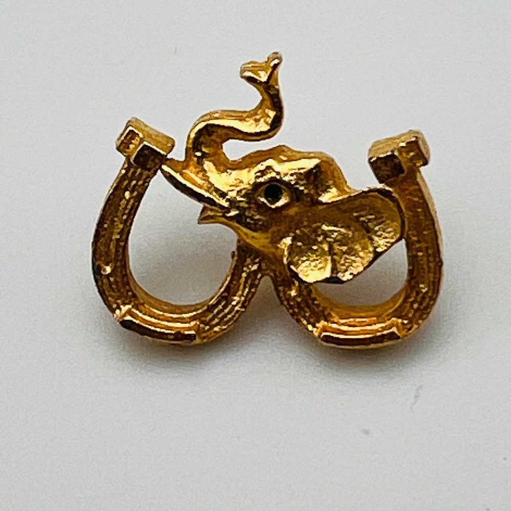 Vintage Elephant Pin Gold Tone Lucky Horse Shoe Mascot Tie Republican Party